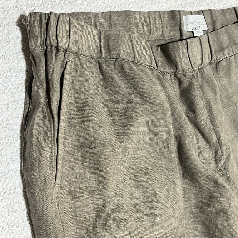 Pure Jill Dyed Linen Pull On Roll Tab Pants M Olive Elastic Waist 35x29 Flaw - Picture 6 of 14